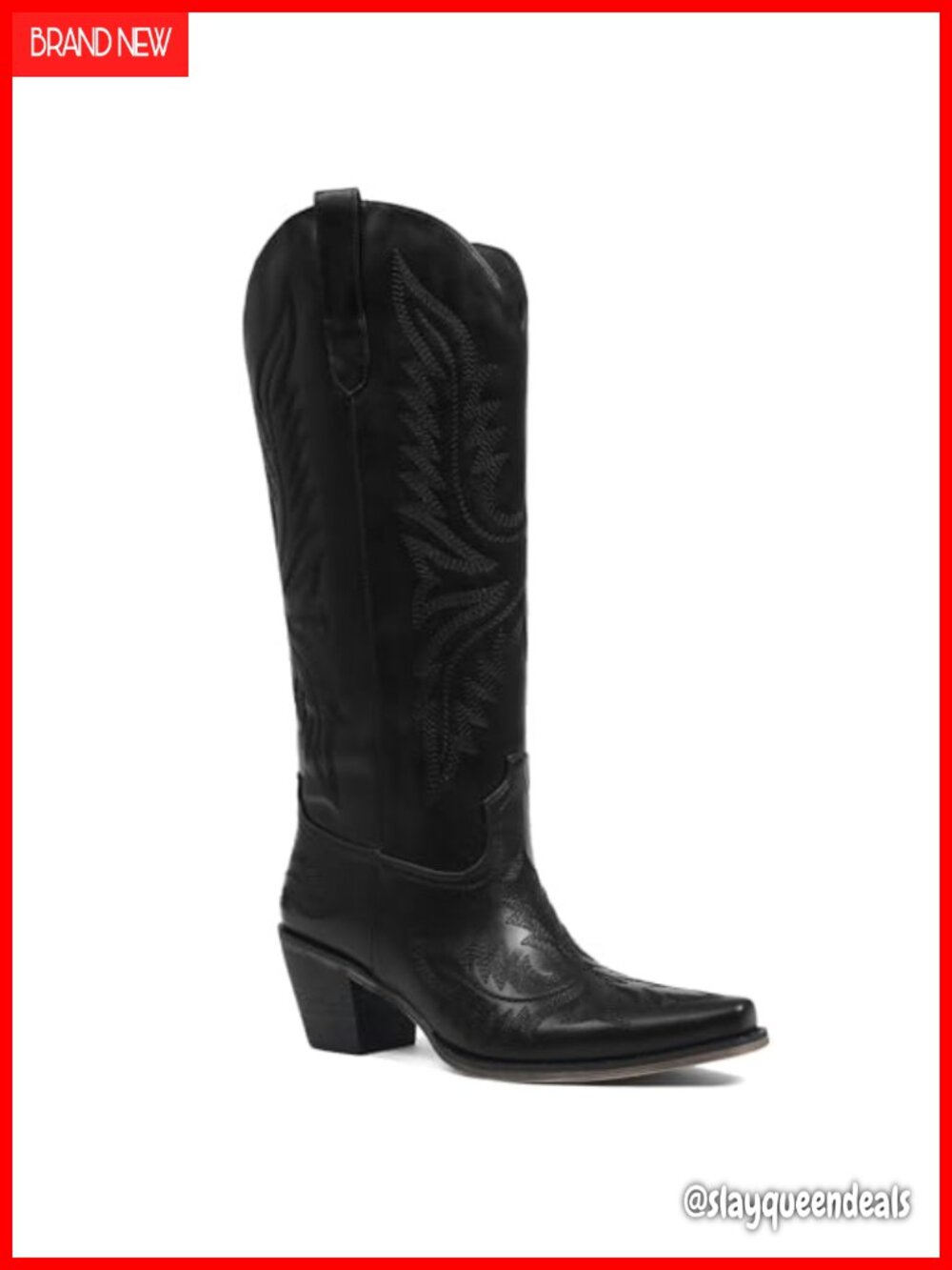 Western Cowboy Boots Knee High Snip Toe Faux Leather Chunky Heel
